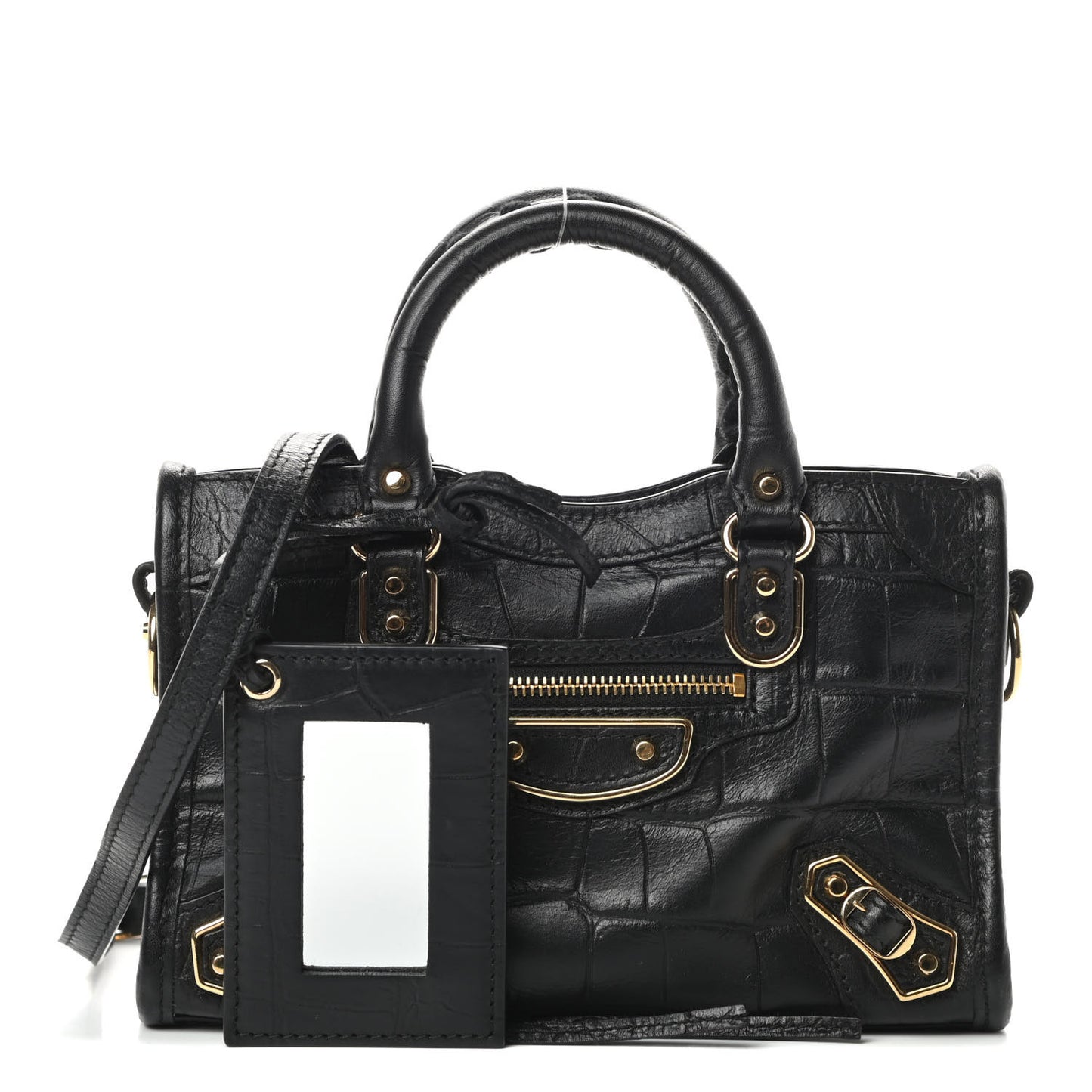 Calfskin Crocodile Embossed Gold Metallic Edge Hardware Nano City Black