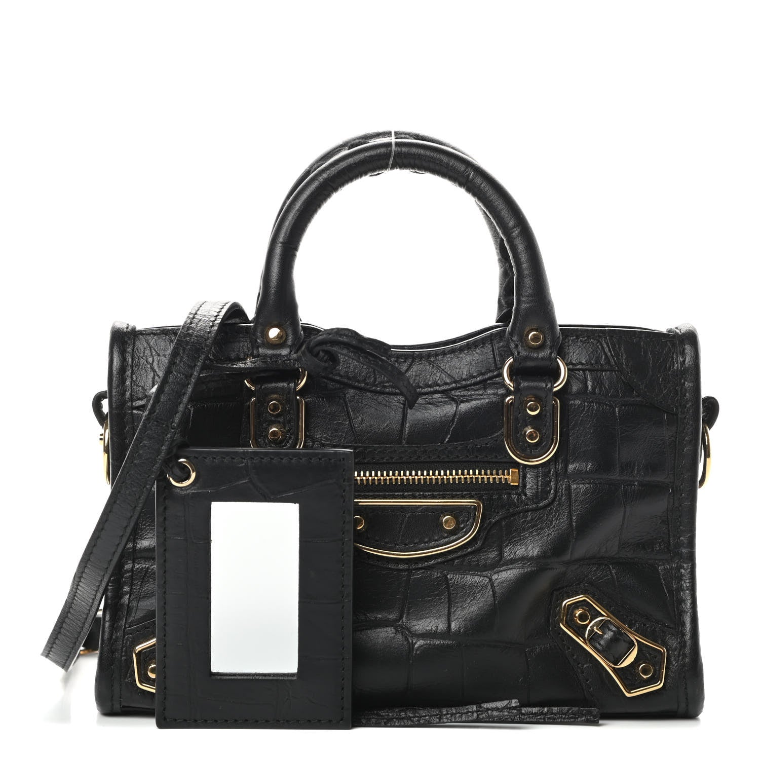 Balenciaga Calfskin Crocodile Embossed Gold Metallic Edge Hardware Nano City Black 1 of 13