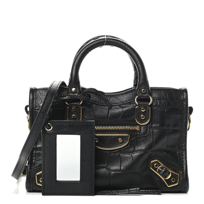 Balenciaga Calfskin Crocodile Embossed Gold Metallic Edge Hardware Nano City Black 1 of 13