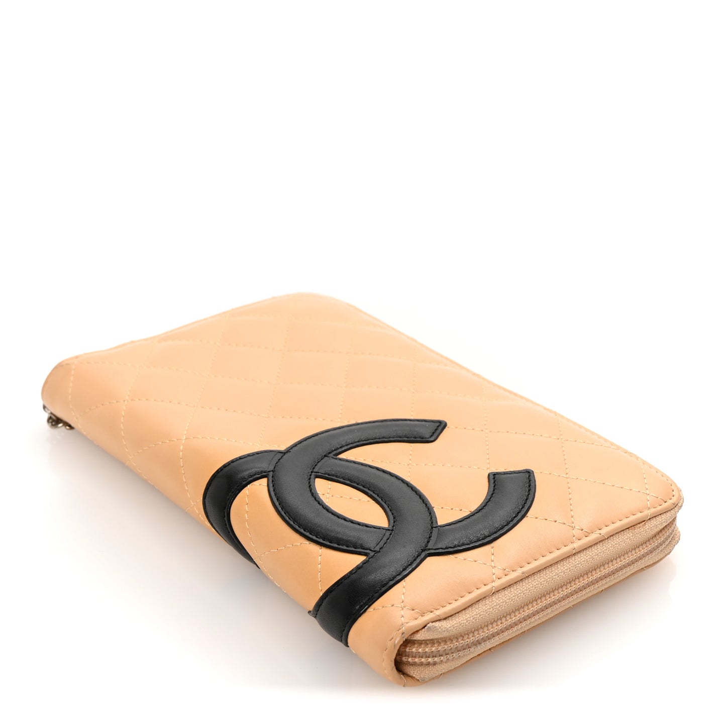 Calfskin Cambon Zip Around Organizer Wallet Beige Black