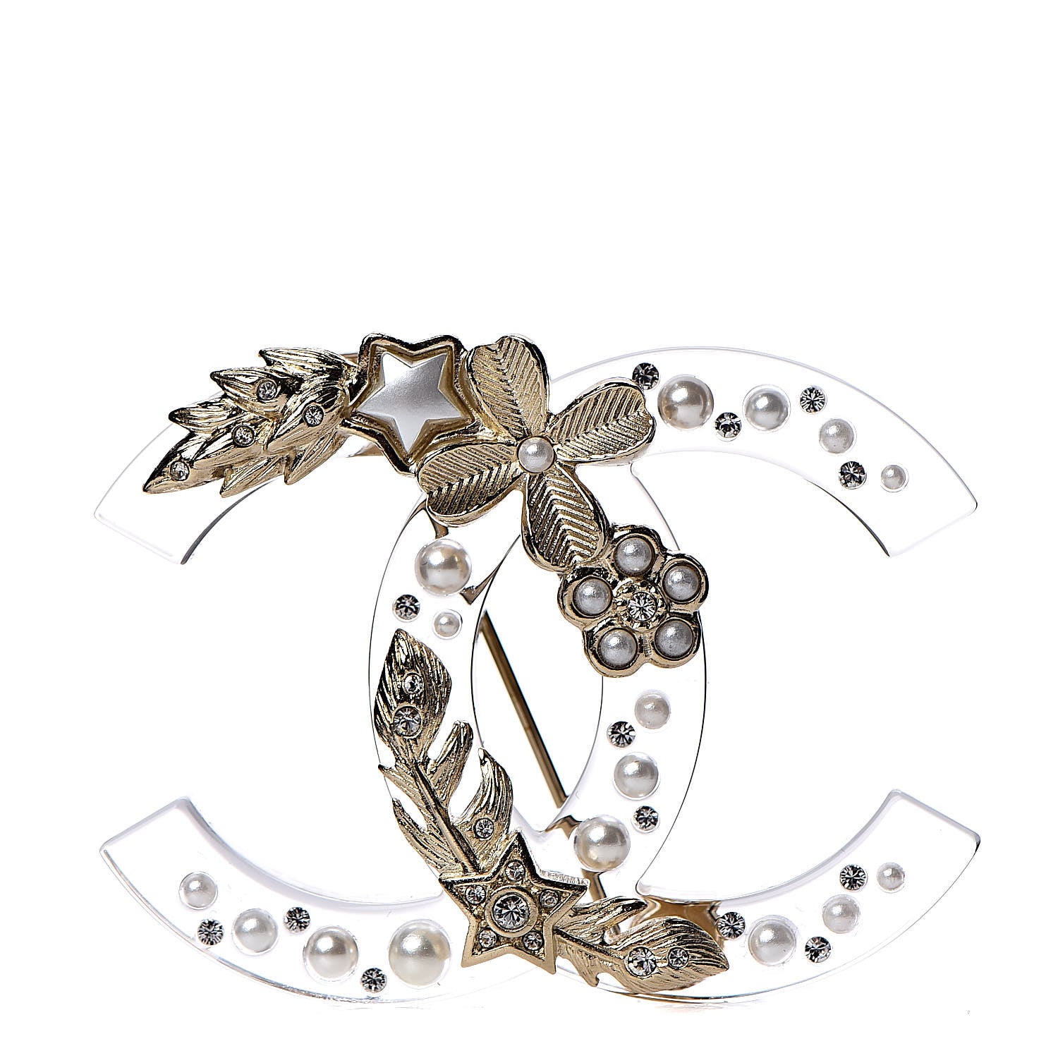 Chanel Resin Pearl Crystal CC Brooch Transparent Gold 1 of 6