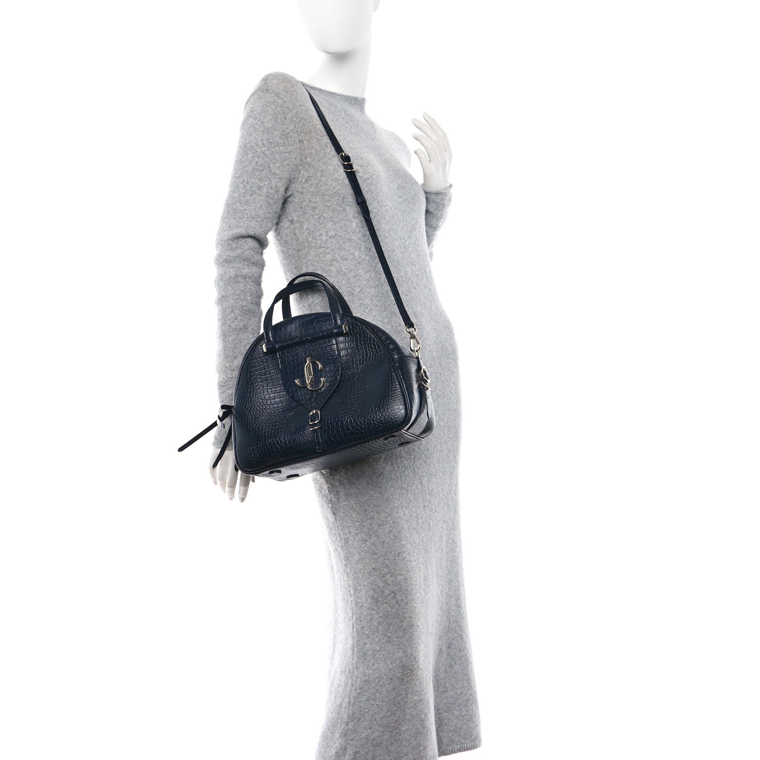 Jimmy Choo Calfskin Crocodile Embossed Small Varenne Bowling Bag Navy 2 of 9