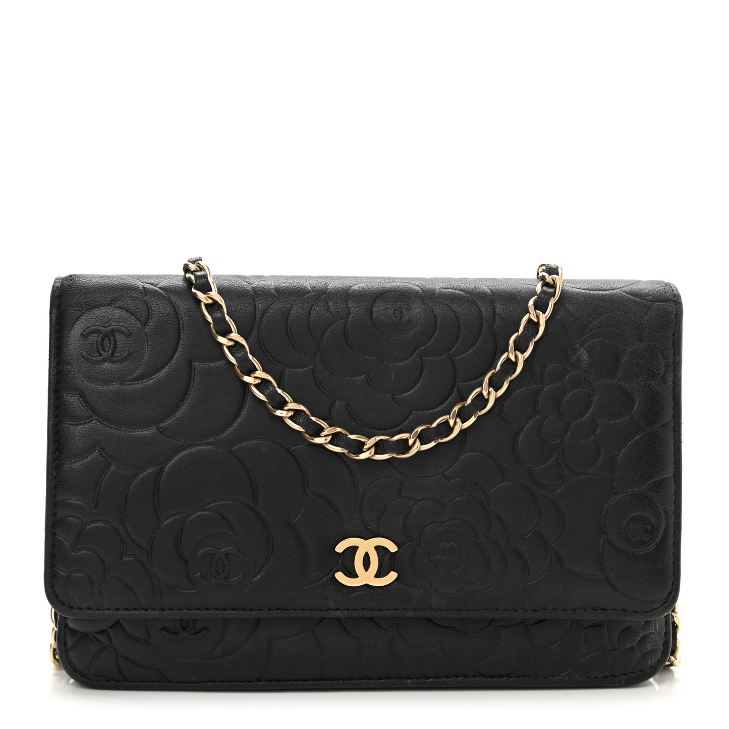 Lambskin Camellia Embossed Wallet on Chain WOC Black