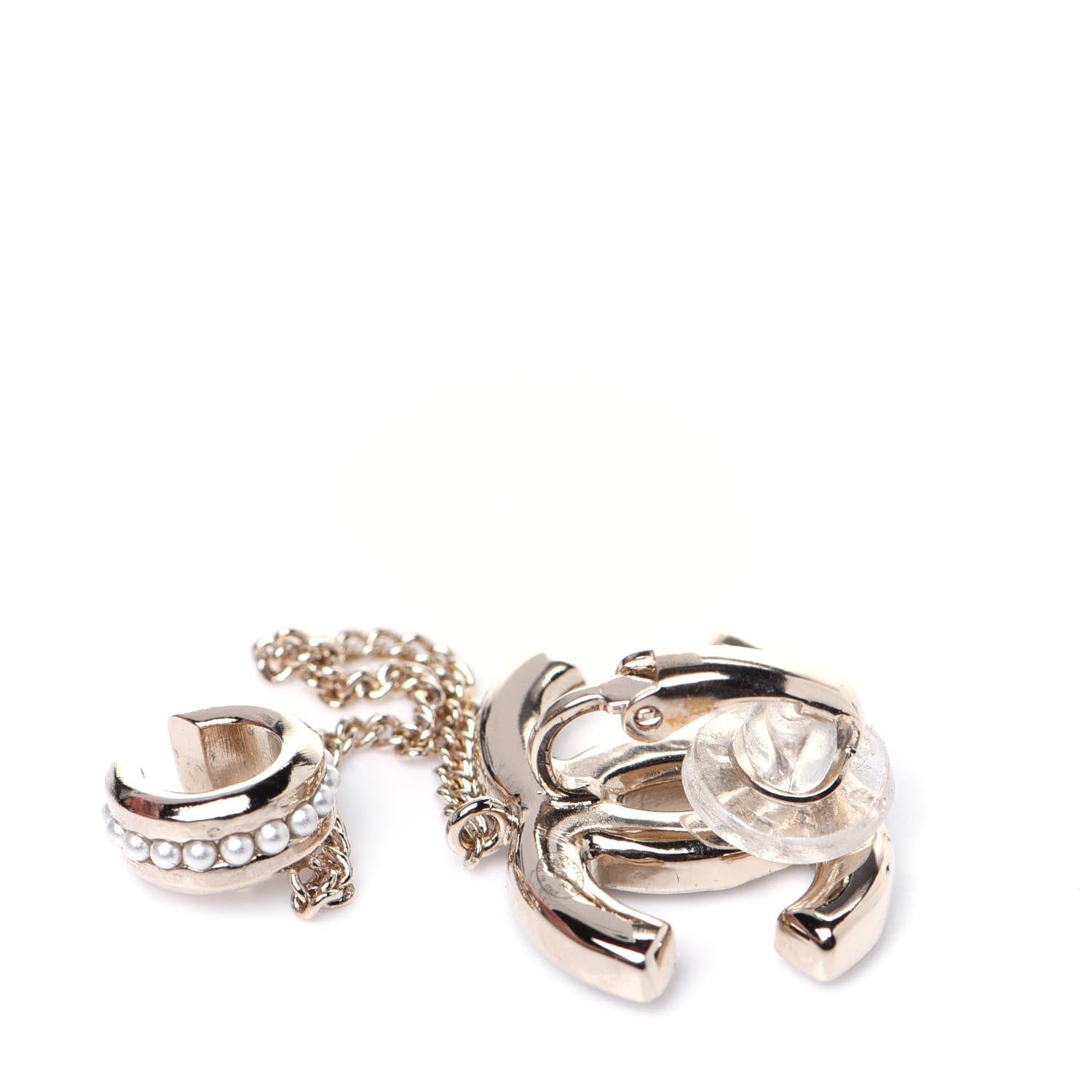 Chanel Crystal CC Chain Cuff Single Clip On Earring Gold Pearly White 5 of 6