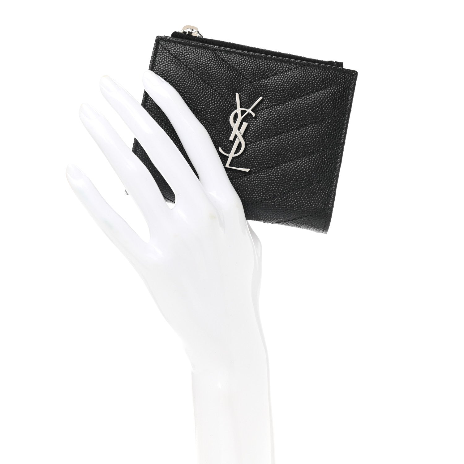 Saint Laurent Grain De Poudre Matelasse Chevron Monogram Zipped Card Case Black 2 of 8