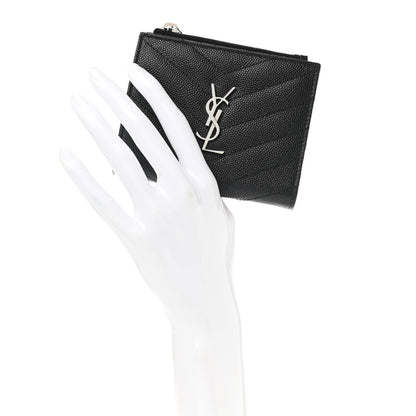 Saint Laurent Grain De Poudre Matelasse Chevron Monogram Zipped Card Case Black 2 of 8
