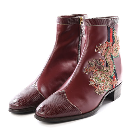 Gucci Calfskin Malaga Kid Lizard Web Dragon Embroidered Ankle Boots 7 Bordeaux 2 of 10