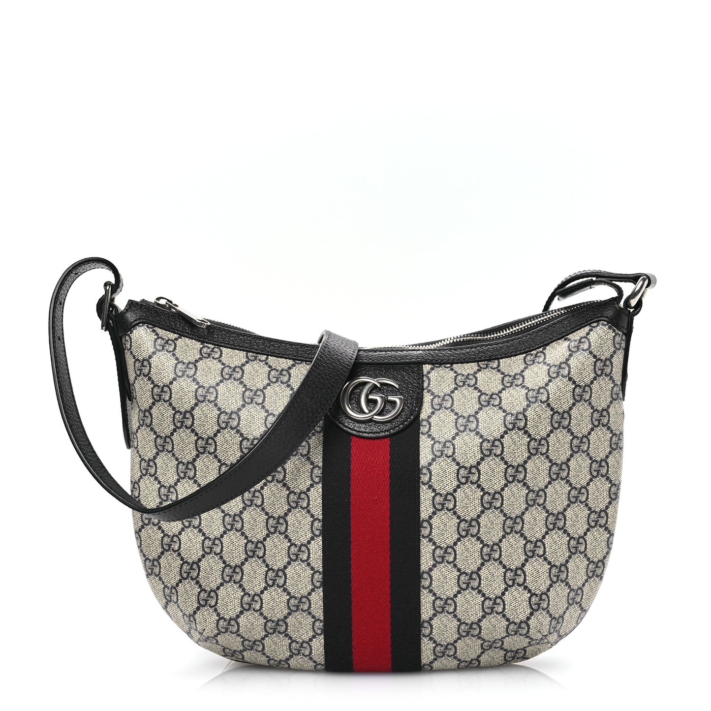 GG Supreme Monogram Textured Dollar Calfskin Web Small Ophidia Half Moon Hobo Beige Blue