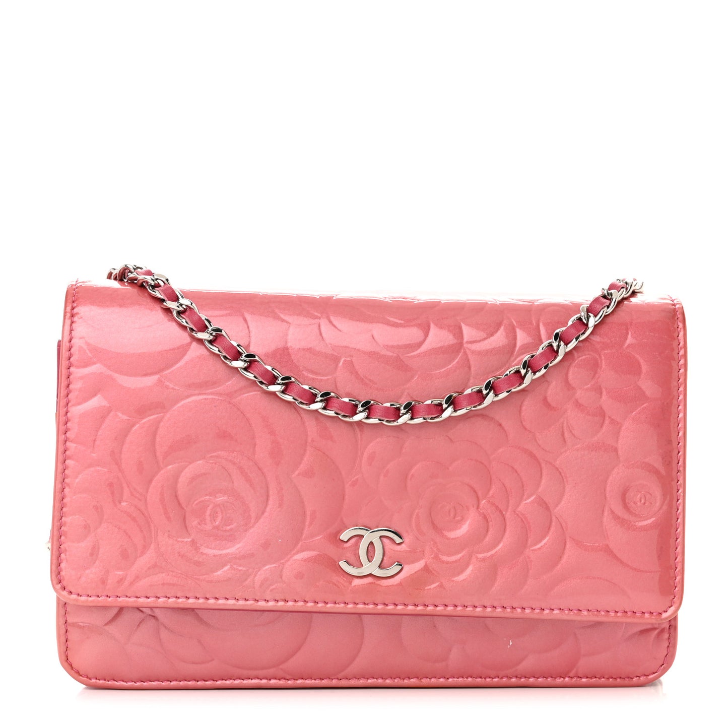 Patent Camellia Embossed Wallet on Chain WOC Rose