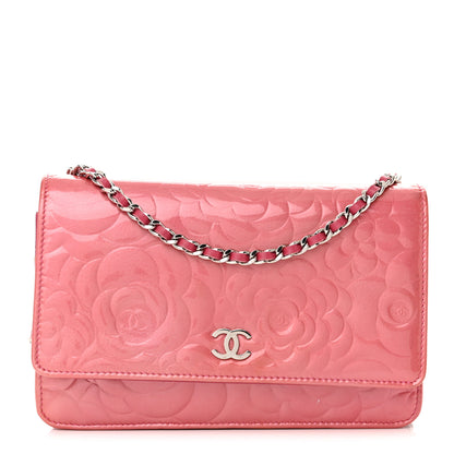 Chanel Patent Camellia Embossed Wallet on Chain WOC Rose 1 of 24