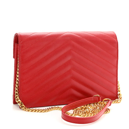 Saint Laurent Grain De Poudre Matelasse Chevron Monogram Envelope Chain Wallet New Red 3 of 14