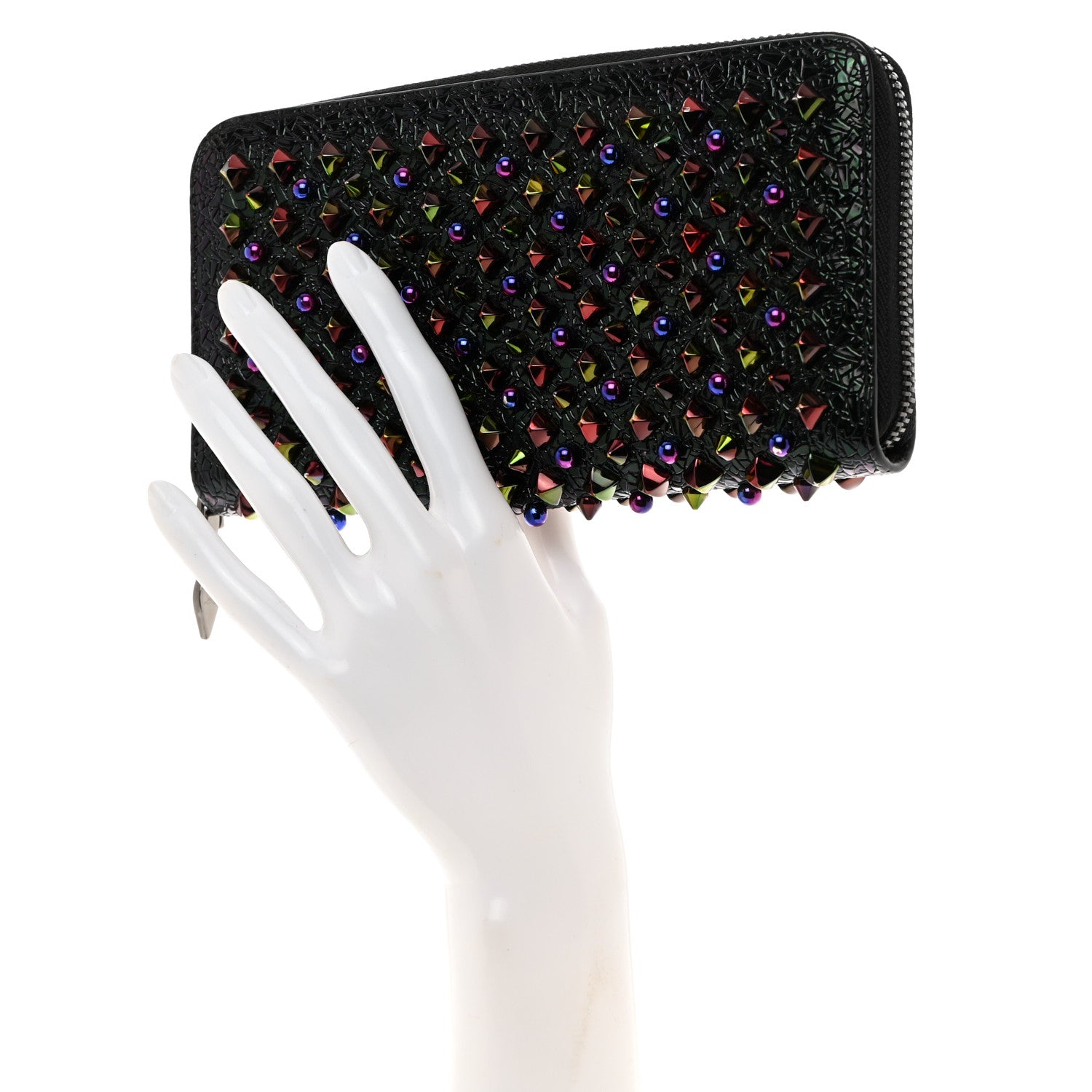 Christian Louboutin Metallic Patent Spikes Panettone Zip Around Wallet Black Multicolor Metal 2 of 6