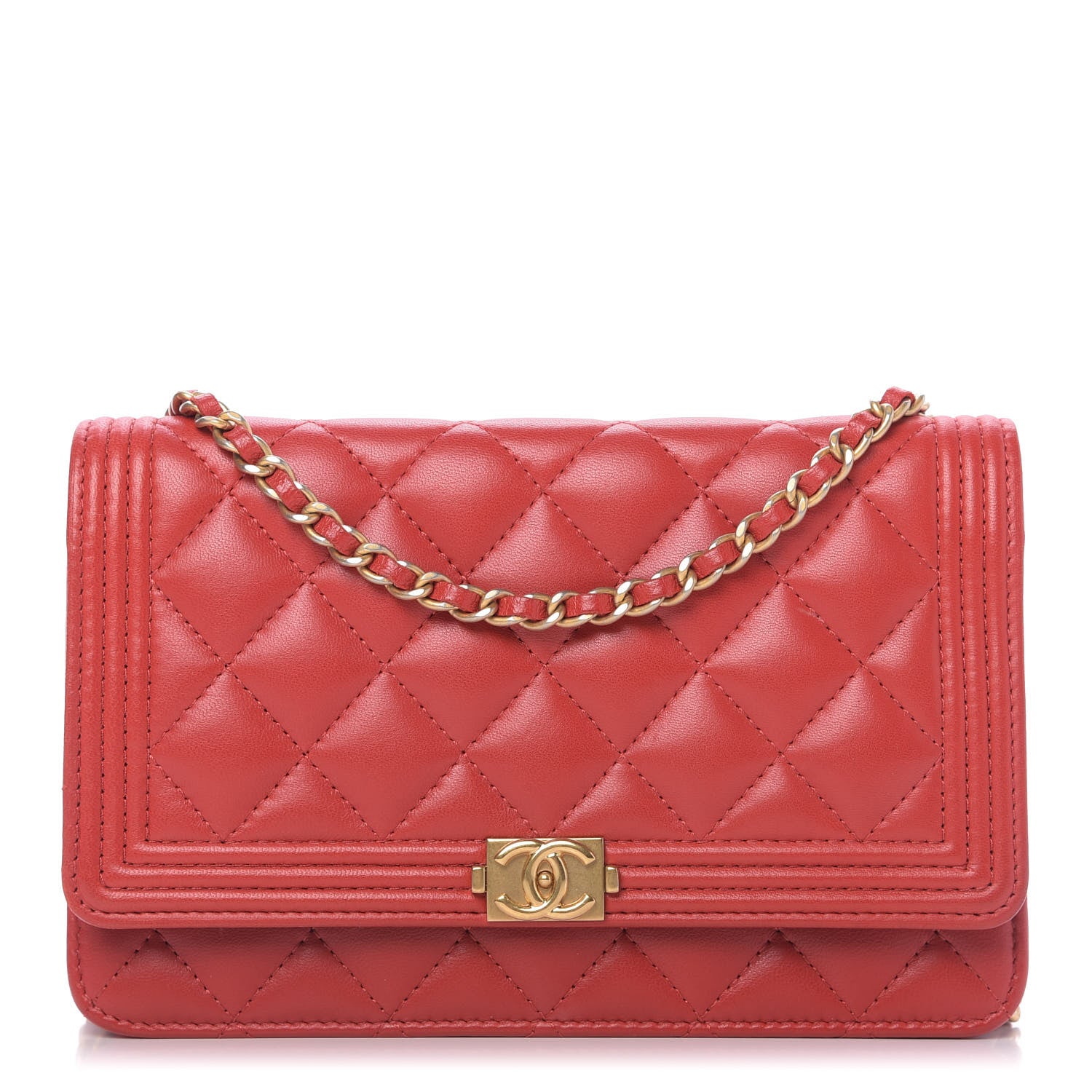 Chanel Lambskin Quilted Boy Wallet On Chain WOC Red 1 of 11