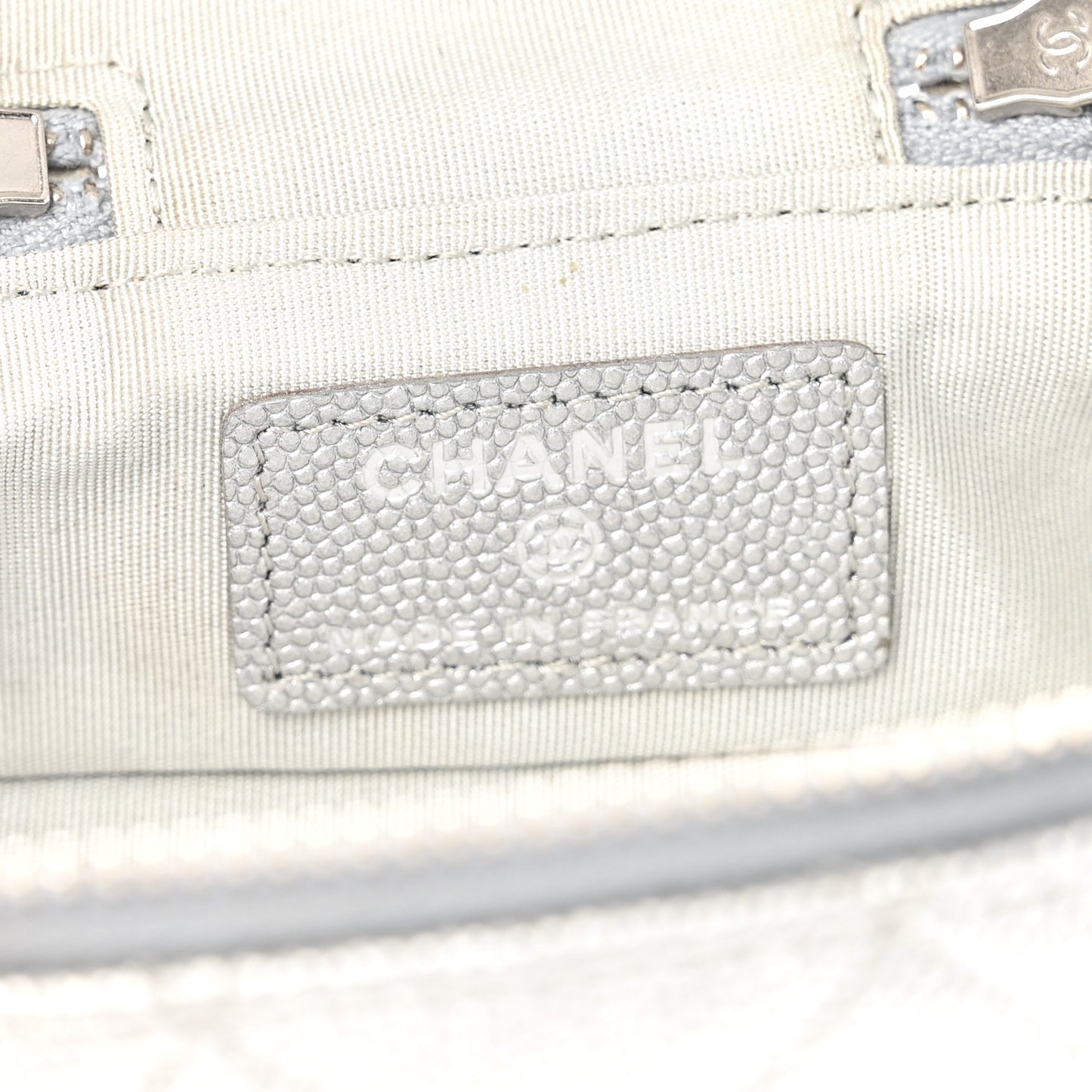 Metallic Caviar Quilted Mini Top Handle Vanity With Chain Silver