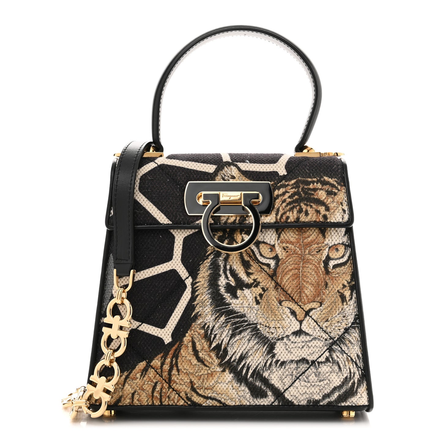 Canvas Calfskin Tiger Print Gancini Small 2-Way Iconic Top Handle Bag Black Multicolor
