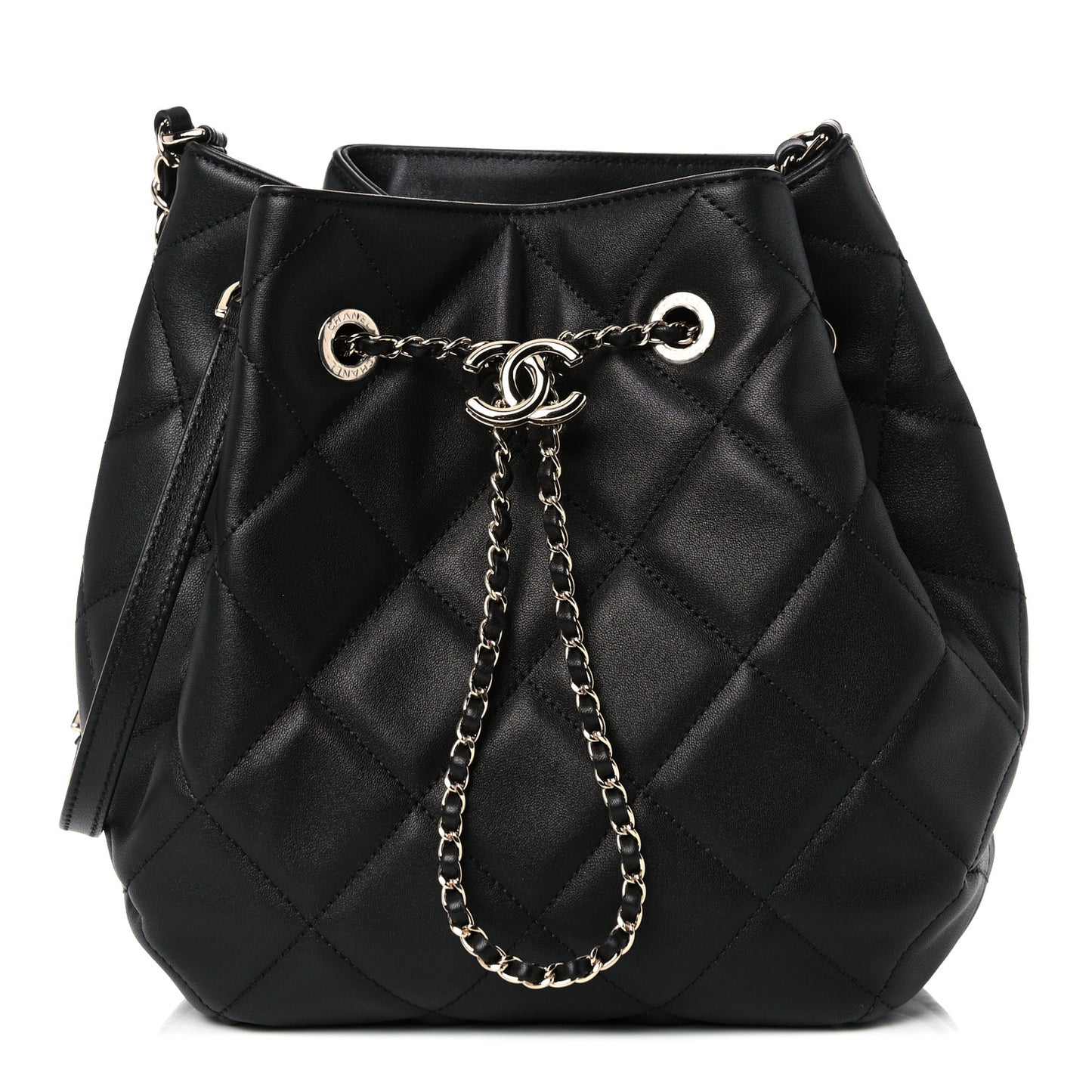 Lambskin Quilted Large CC Drawstring Bag Black
