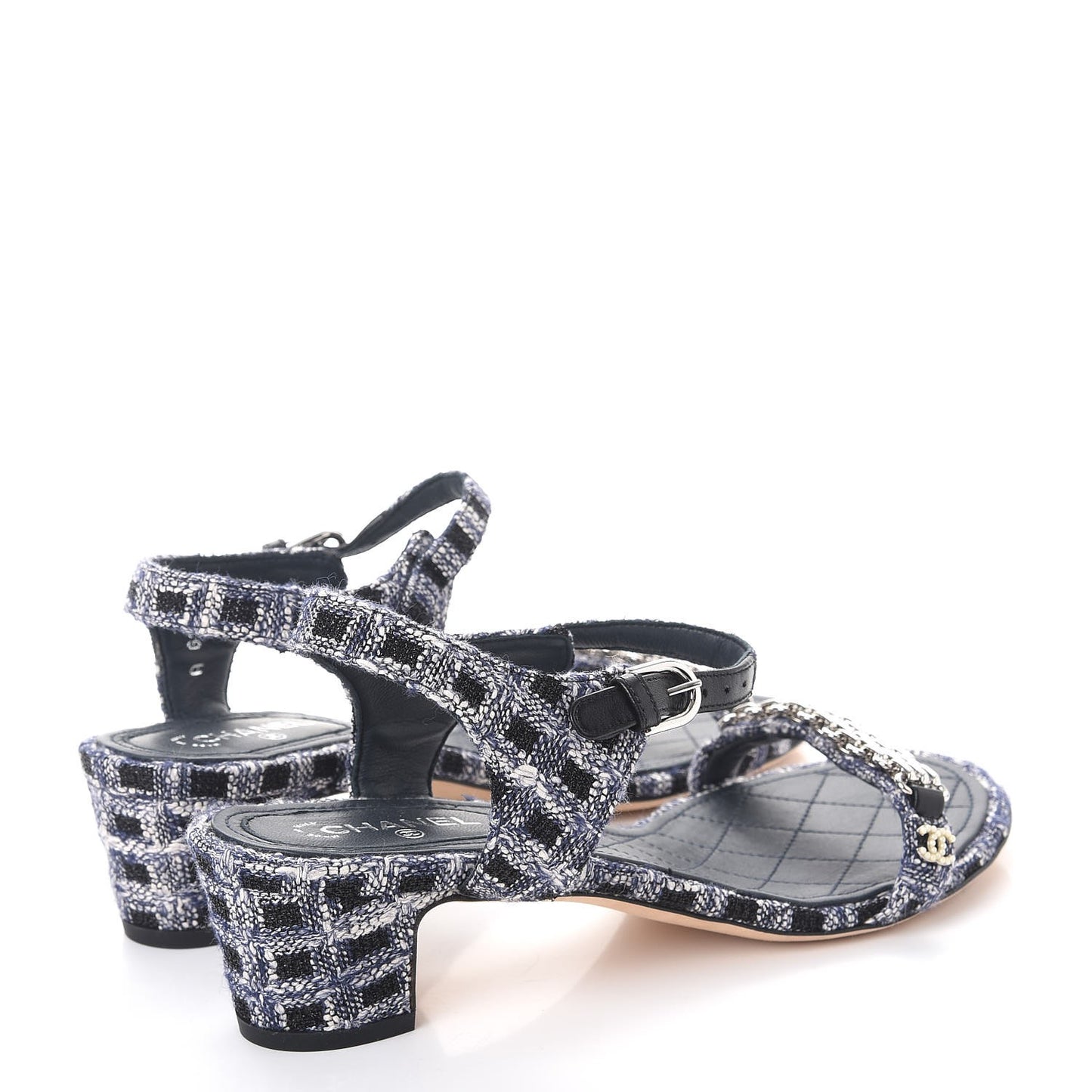 Tweed CC Chain Sandals 37.5 Navy Black