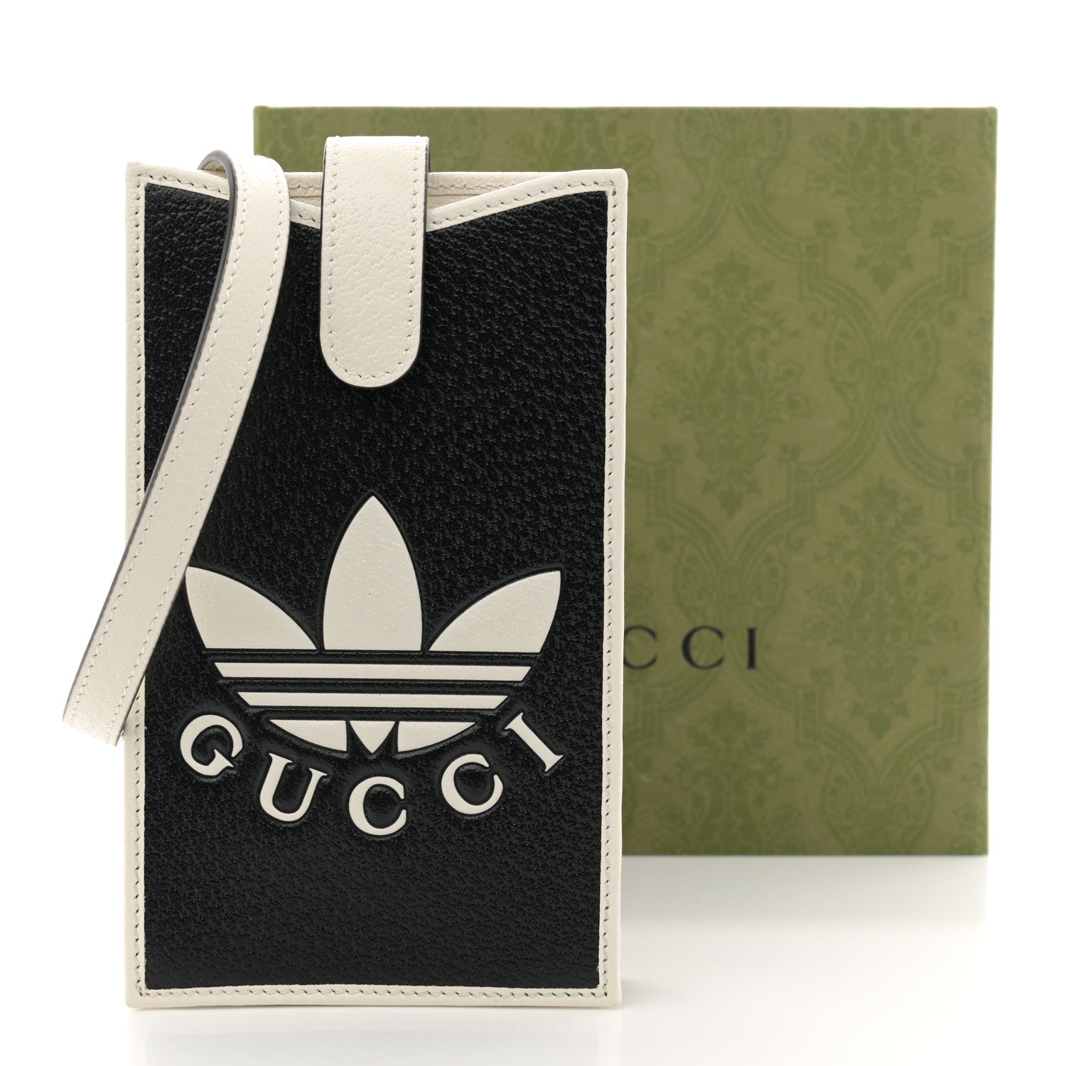 Gucci X ADIDAS Textured Dollar Calfskin Trefoil Embossed Phone Crossbody Bag Black Off White 12 of 12