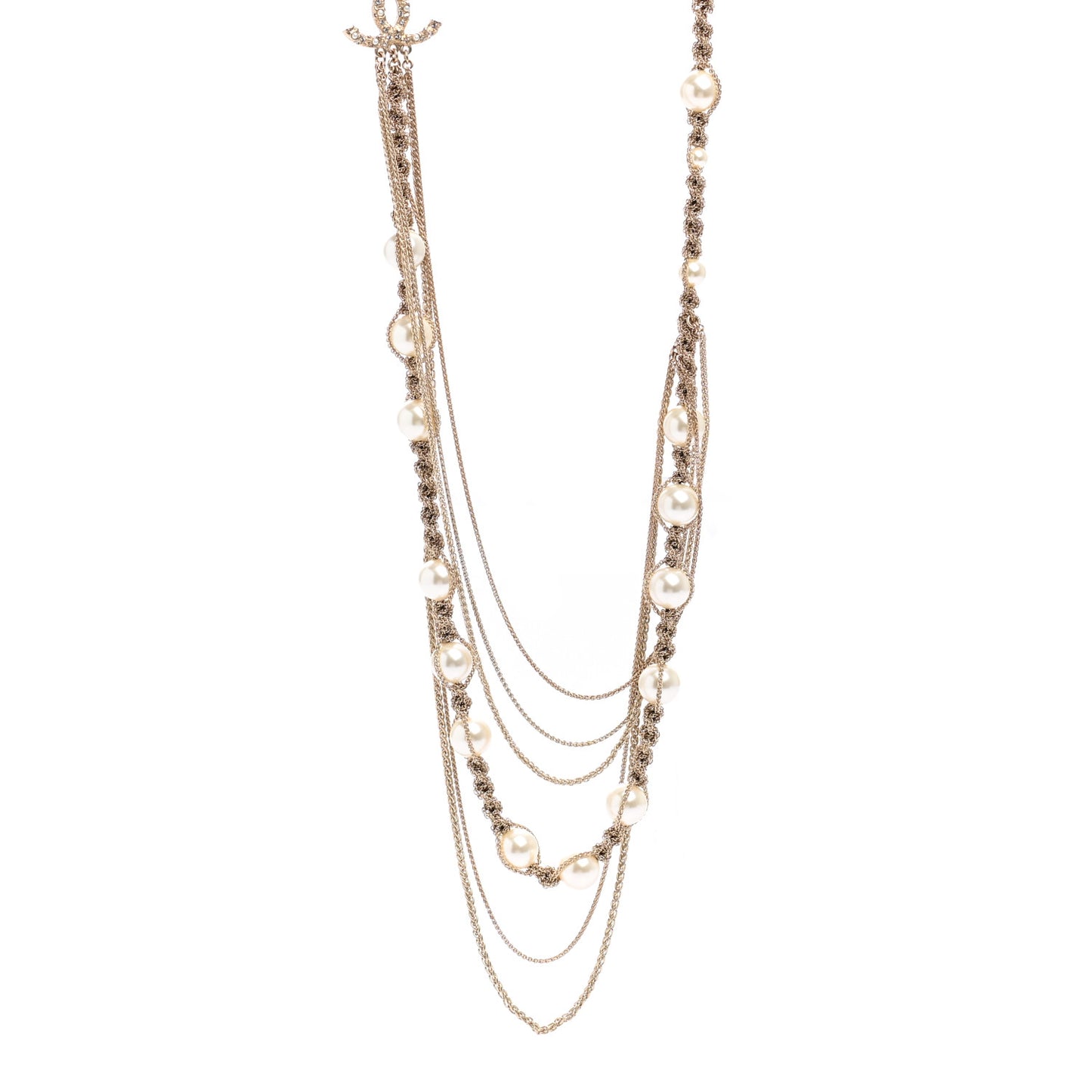 Pearl Chain CC Long Multistrand Necklace Gold