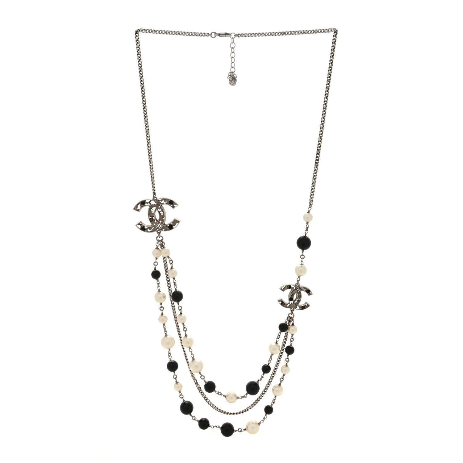 Chanel Crystal Pearl CC Multi Strand Necklace Silver Black 2 of 4