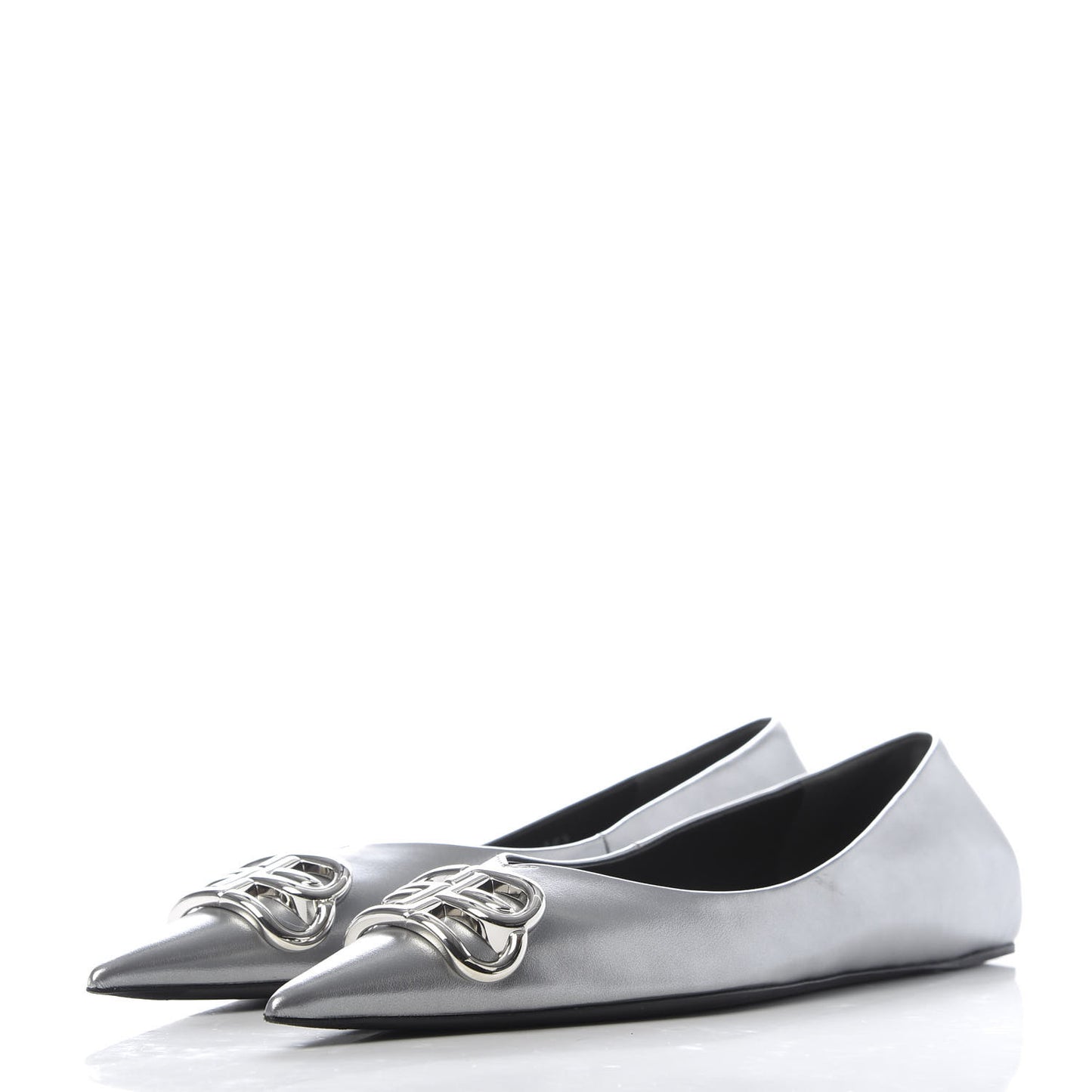 Metallic Calfskin BB Knife Pointy Toe Ballerina Flats 38.5 Silver Hardware