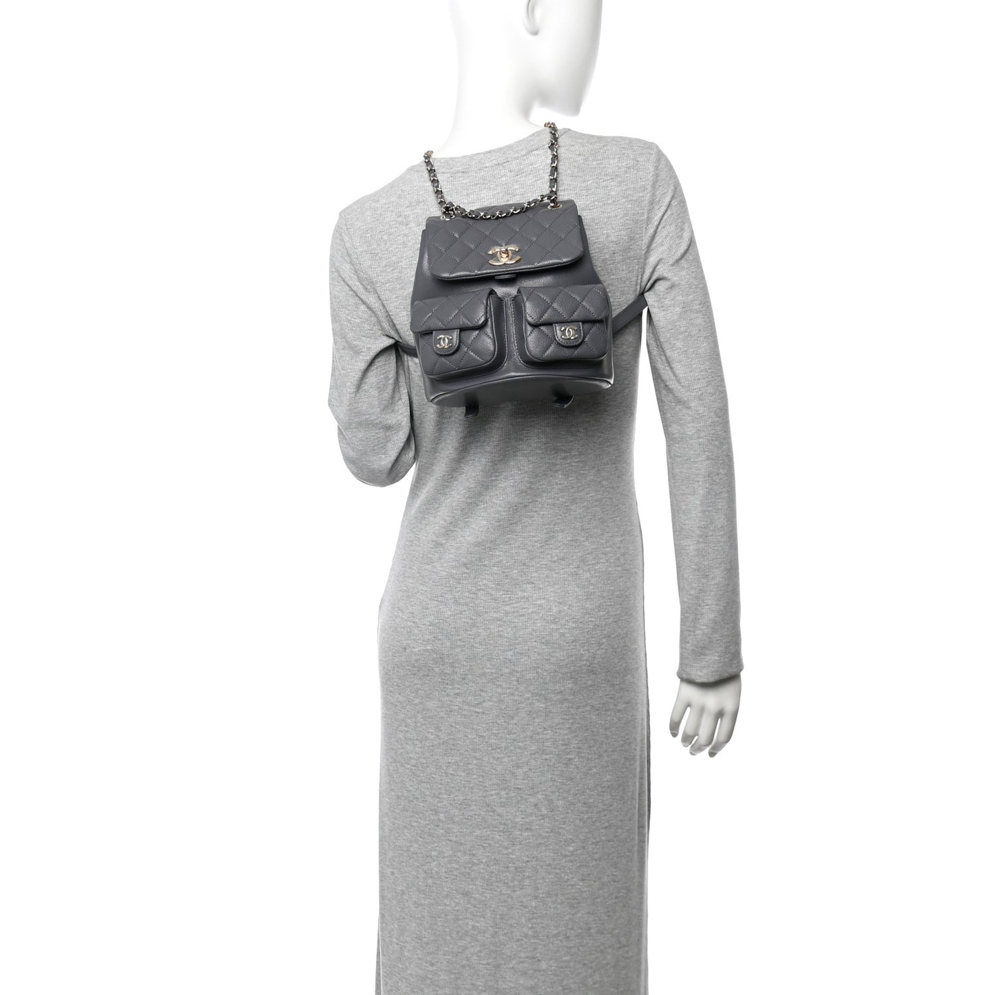 Shiny Caviar Quilted Medium Duma Pockets Drawstring Backpack Grey