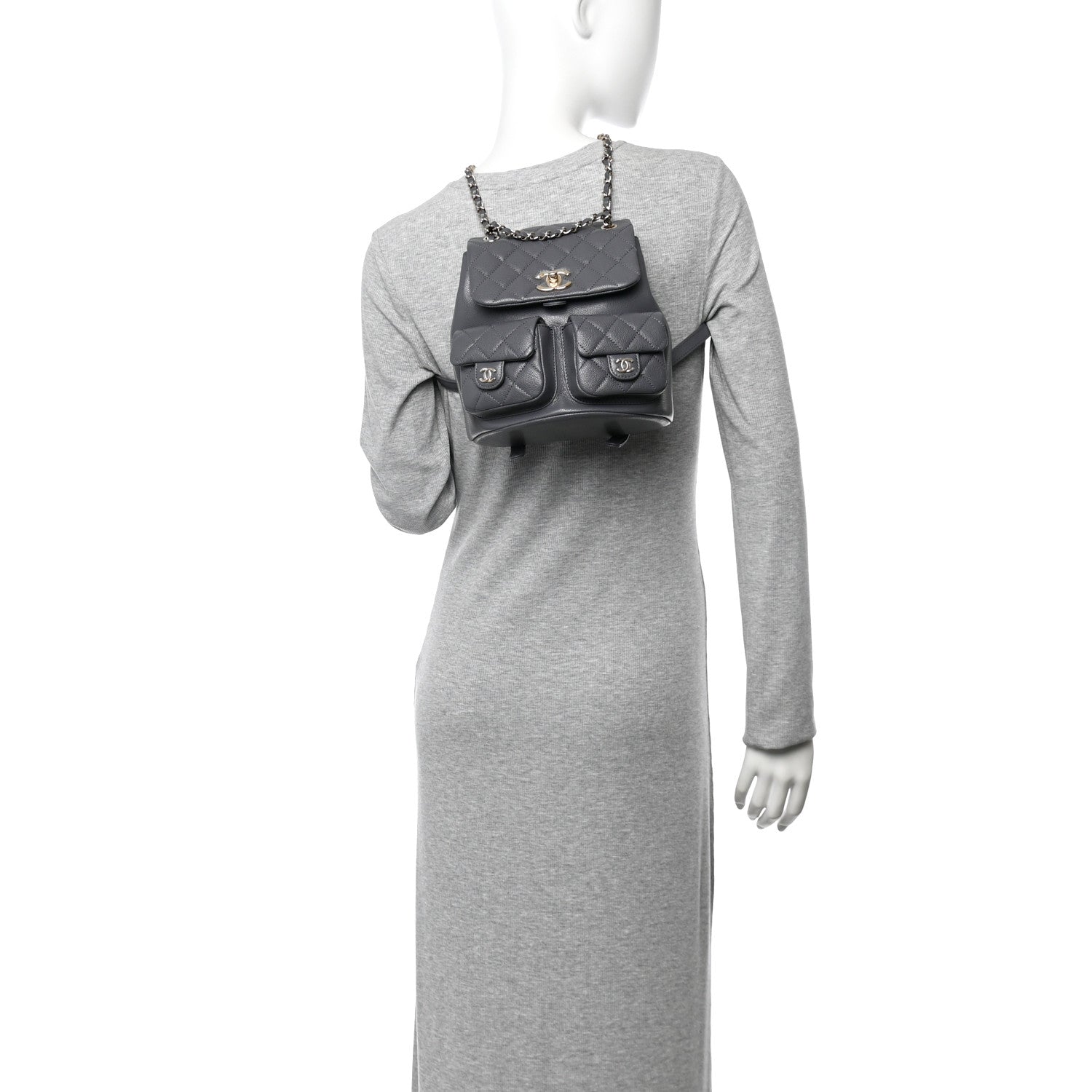Chanel Shiny Caviar Quilted Medium Duma Pockets Drawstring Backpack Grey 2 of 10