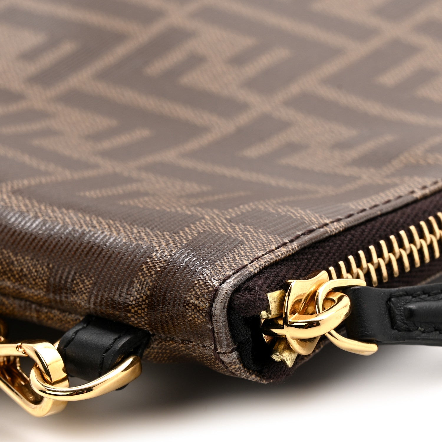 Fendi Glazed Fabric Vitello Century FF 1974 Stamp Patch Large Flat Pouch Mogano Panna Black 9 of 9