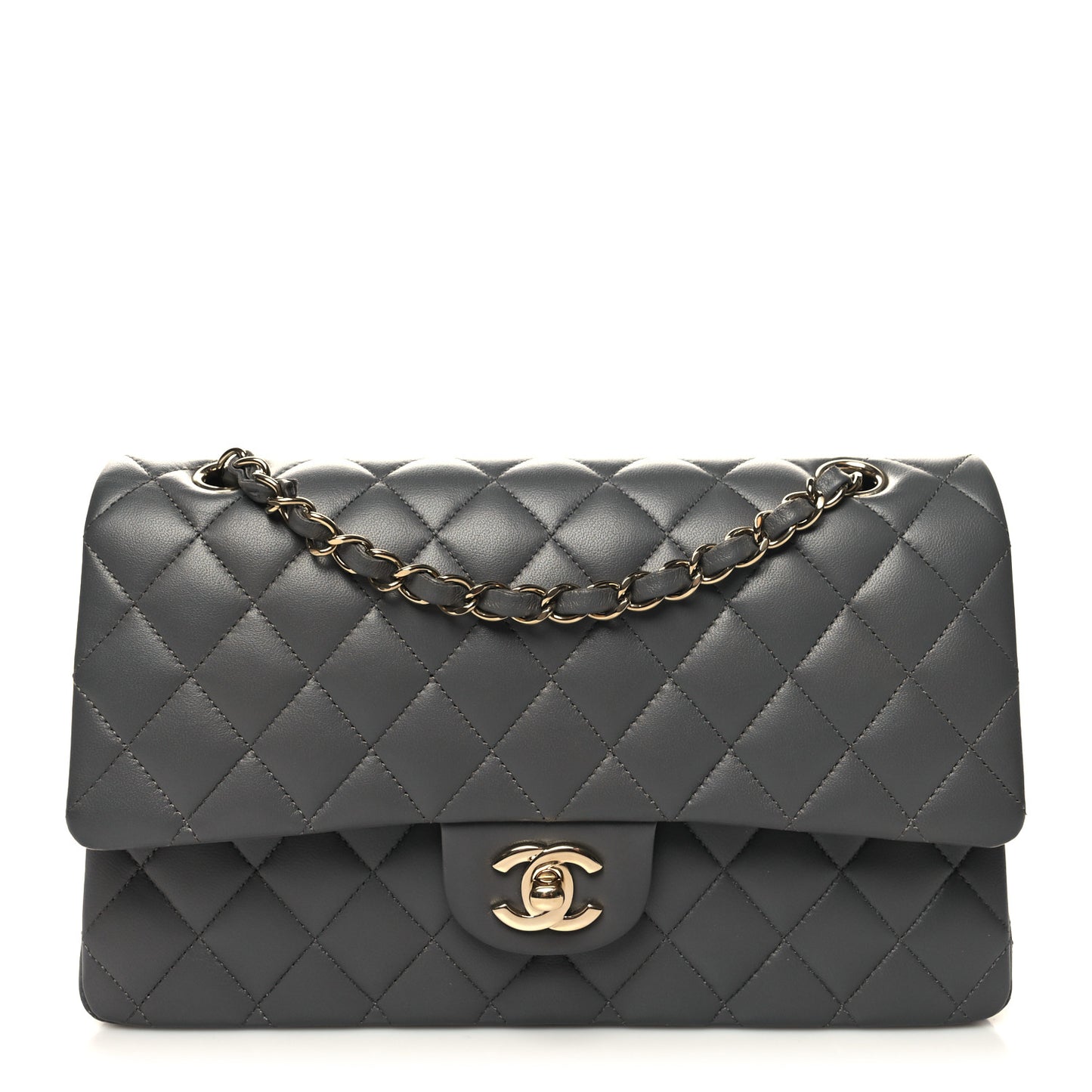 Lambskin Quilted Medium Double Flap Dark Grey