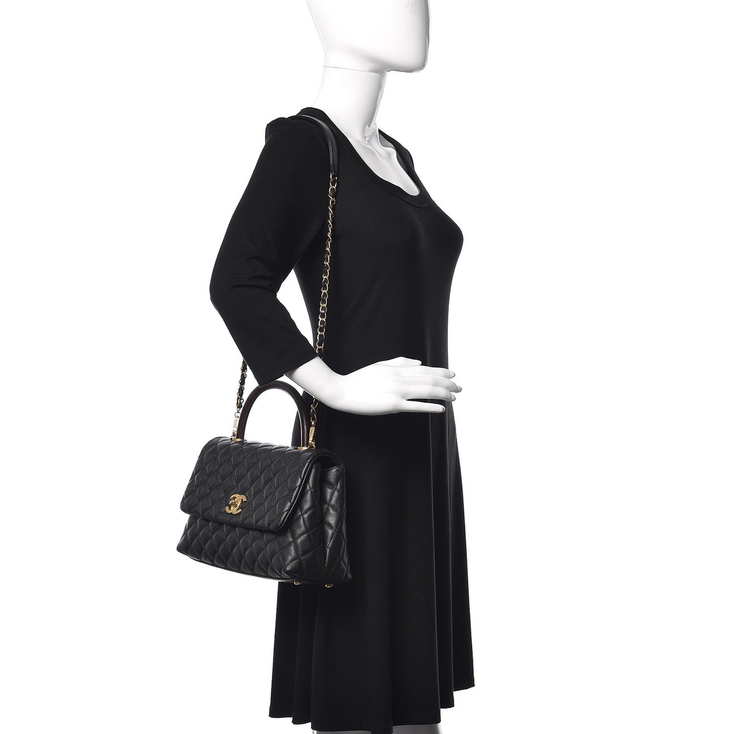Caviar Lizard Embossed Quilted Small Coco Handle Flap Black