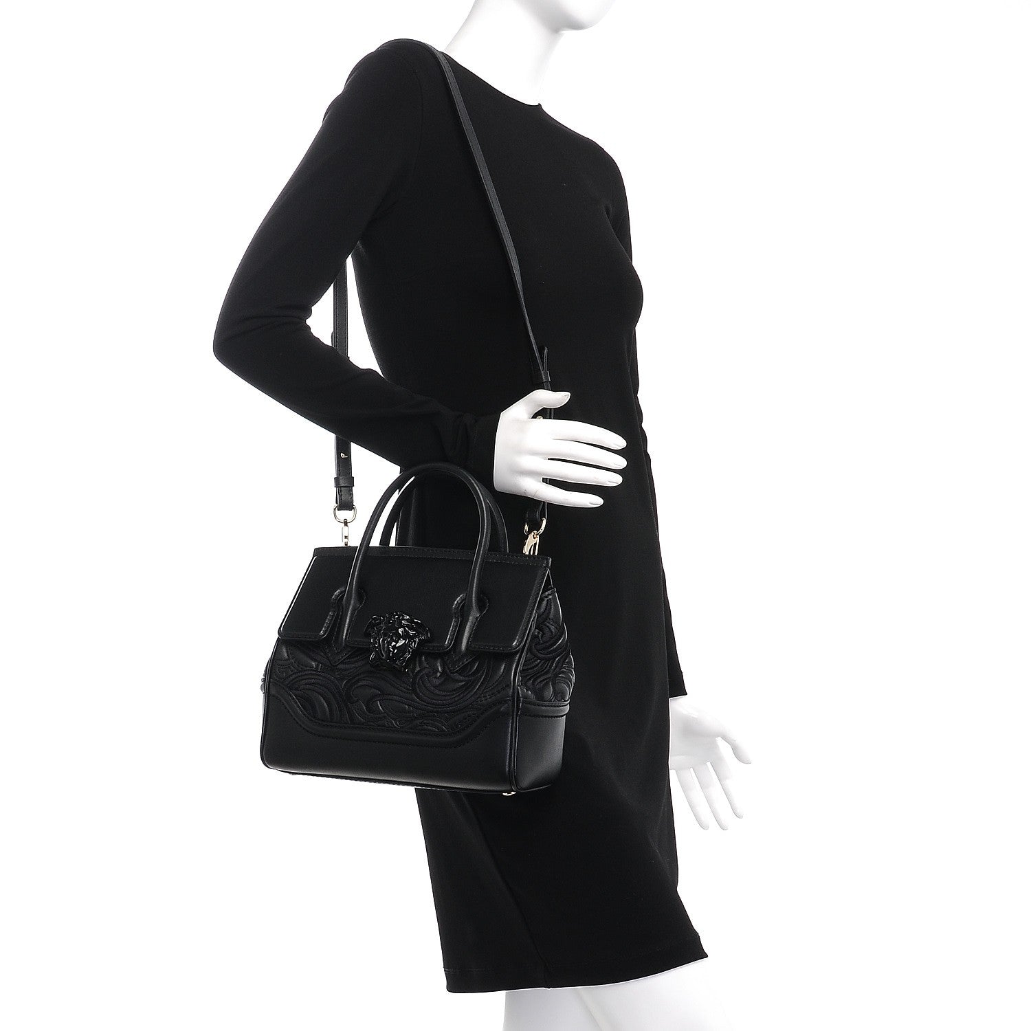 Versace Calfskin Embroidered Medium Baroque Palazzo Empire Bag Black 2 of 9