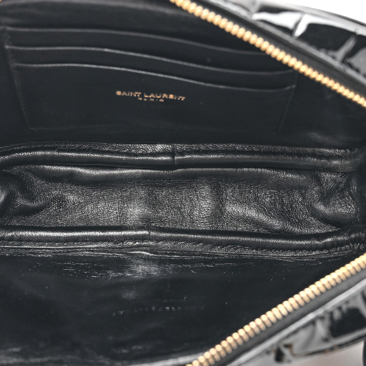 Patent Calfskin Crocodile Embossed Monogram Mini Lou Camera Bag Black