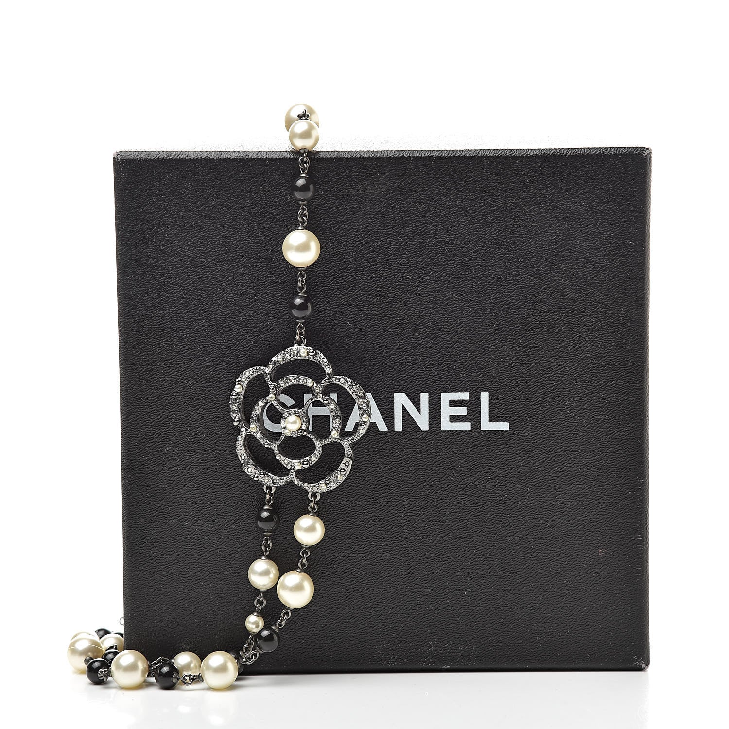 Chanel Pearl Crystal Camellia CC Long Necklace Silver 7 of 7
