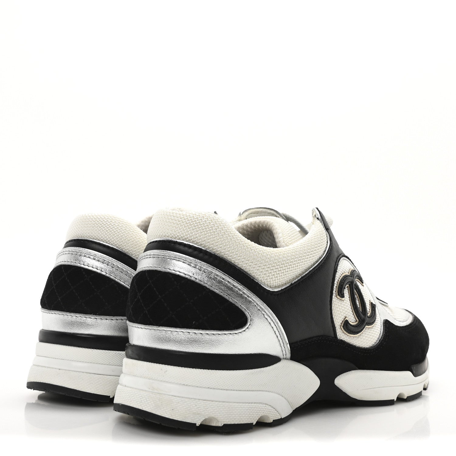 Chanel Mesh Suede Calfskin Grained Calfskin Womens CC Sneakers 40 Black White Silver 10 of 18