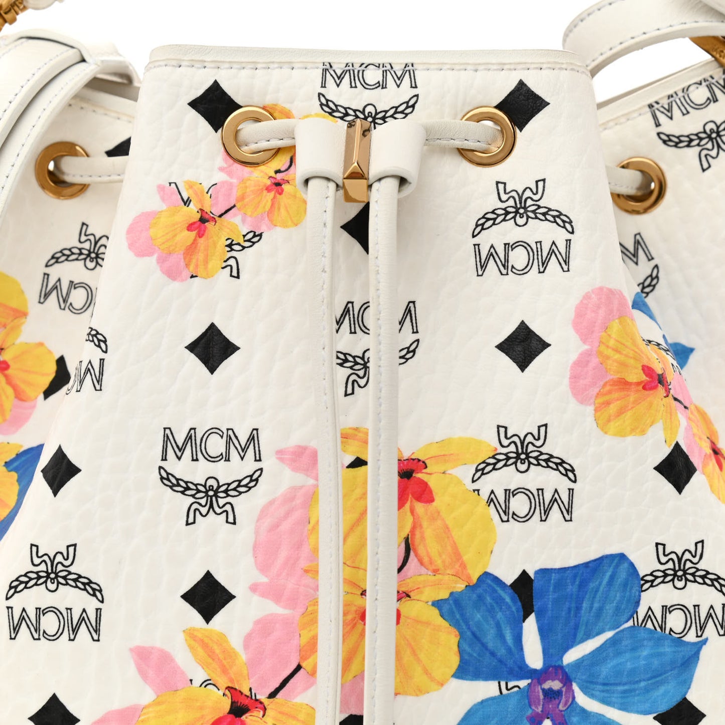 Visetos Floral Print Small Drawstring Bucket Bag White