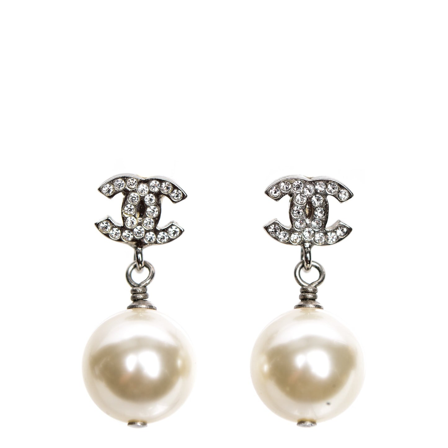 Crystal Pearl CC Drop Earrings Silver