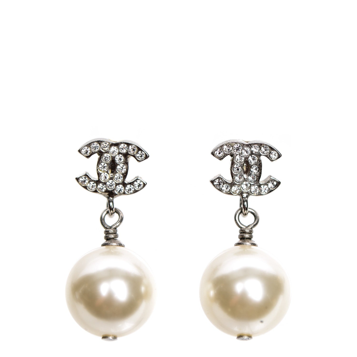 Chanel Crystal Pearl CC Drop Earrings Silver 1 of 4