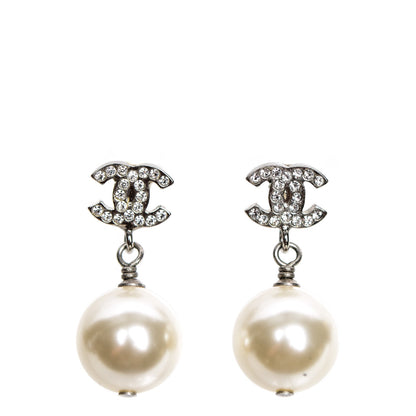 Chanel Crystal Pearl CC Drop Earrings Silver 1 of 4