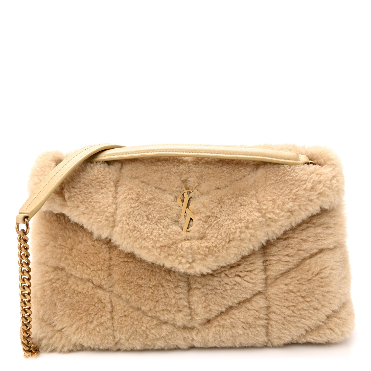 Saint Laurent Merino Shearling Lambskin Quilted Small Loulou Puffer Monogram Chain Satchel Natural Beige 1 of 10