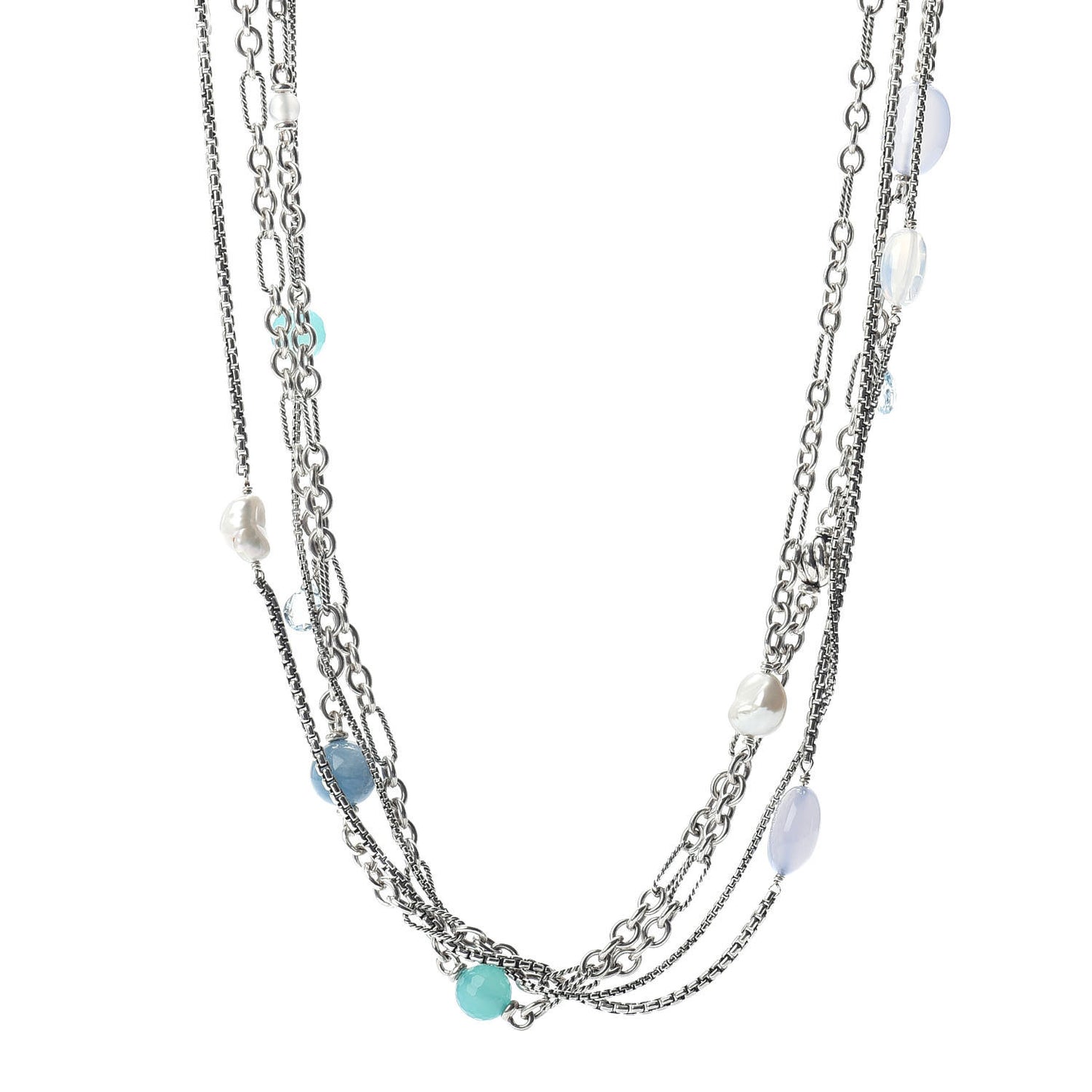 Sterling Silver Quartz Blue Topaz Pearl Chalcedony Aquamarine Multi Strand Necklace