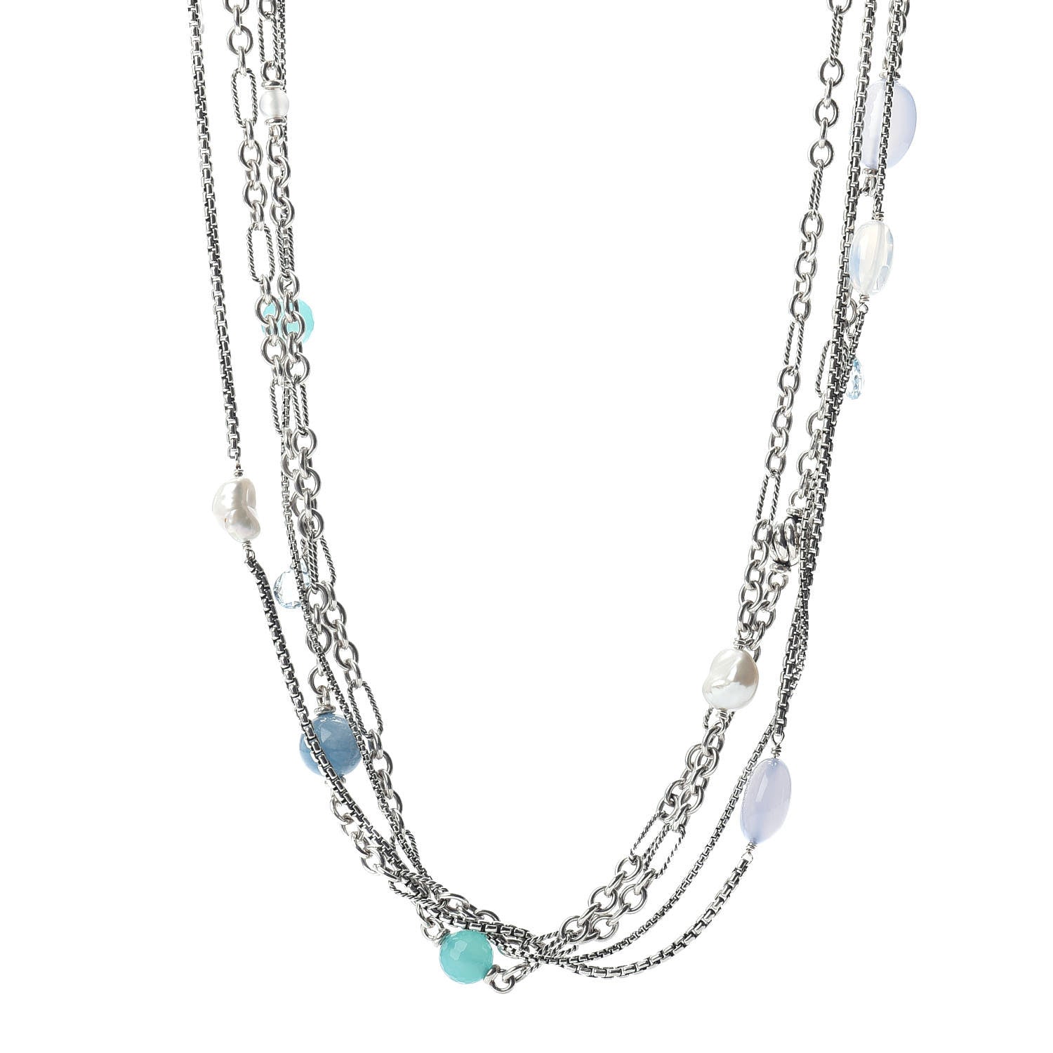 David Yurman Sterling Silver Quartz Blue Topaz Pearl Chalcedony Aquamarine Multi Strand Necklace 1 of 4