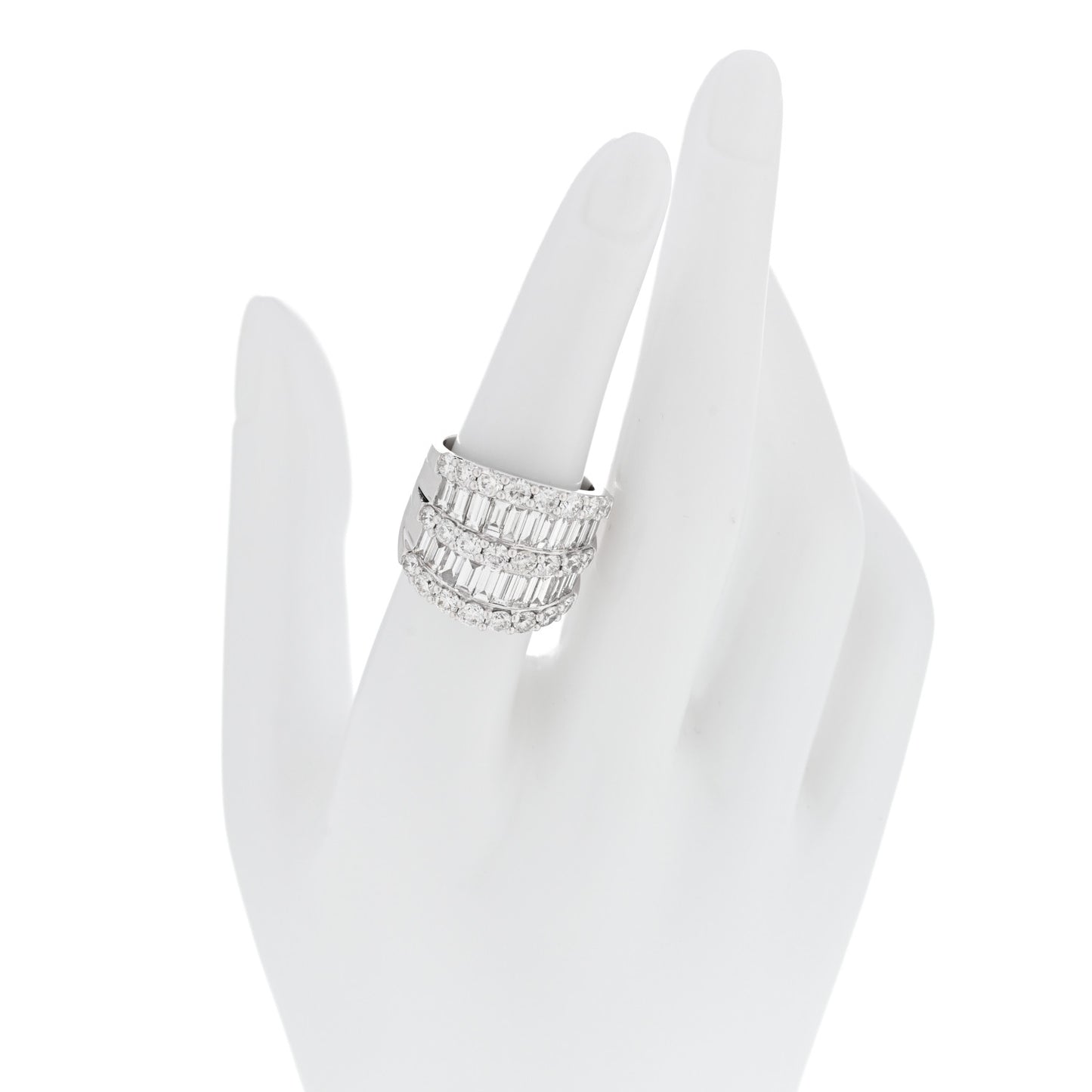 18K White Gold Diamond 4.12ctw Round Baguette Cut Five Row Band Ring 53 6.5