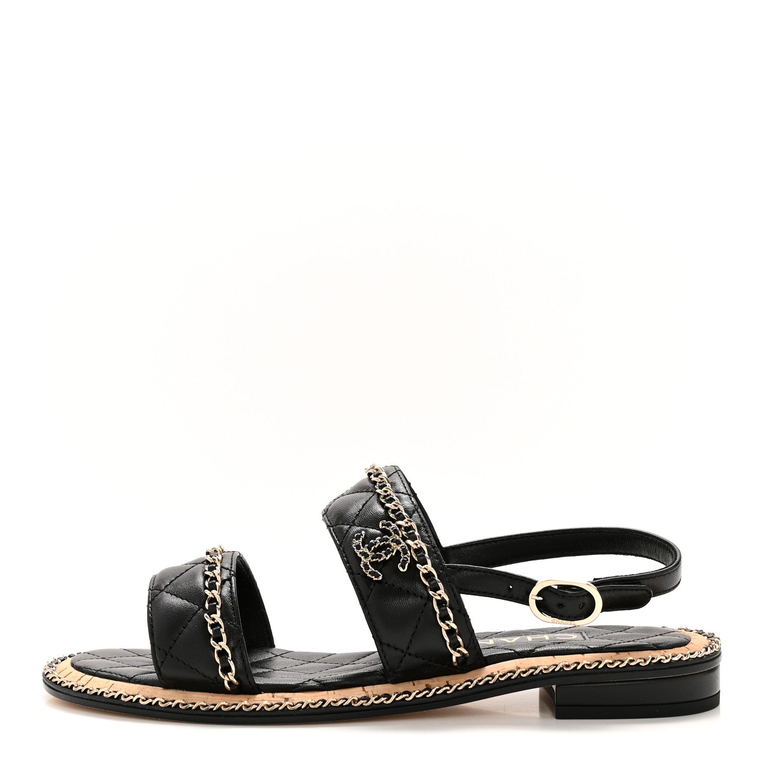 Chanel Shiny Lambskin Quilted Chain CC Sandals 36.5 Black 1 of 10