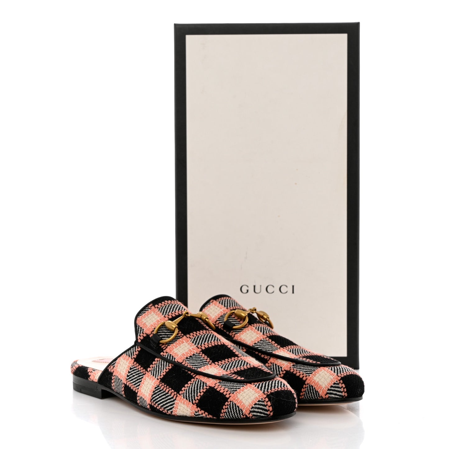 Tweed Calfskin Damier Womens Princetown Slippers 35 Black Pink Multicolor