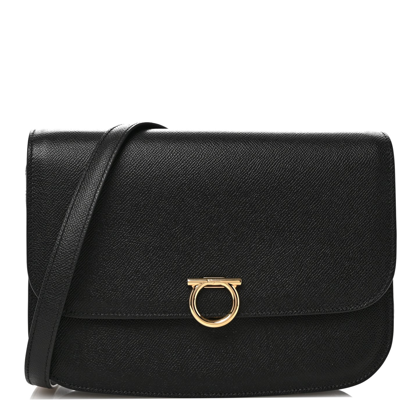 Hammered Calfskin Round Gancini Crossbody Bag Black
