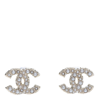 Chanel Pearl Crystal CC Stud Earrings Gold 1 of 5