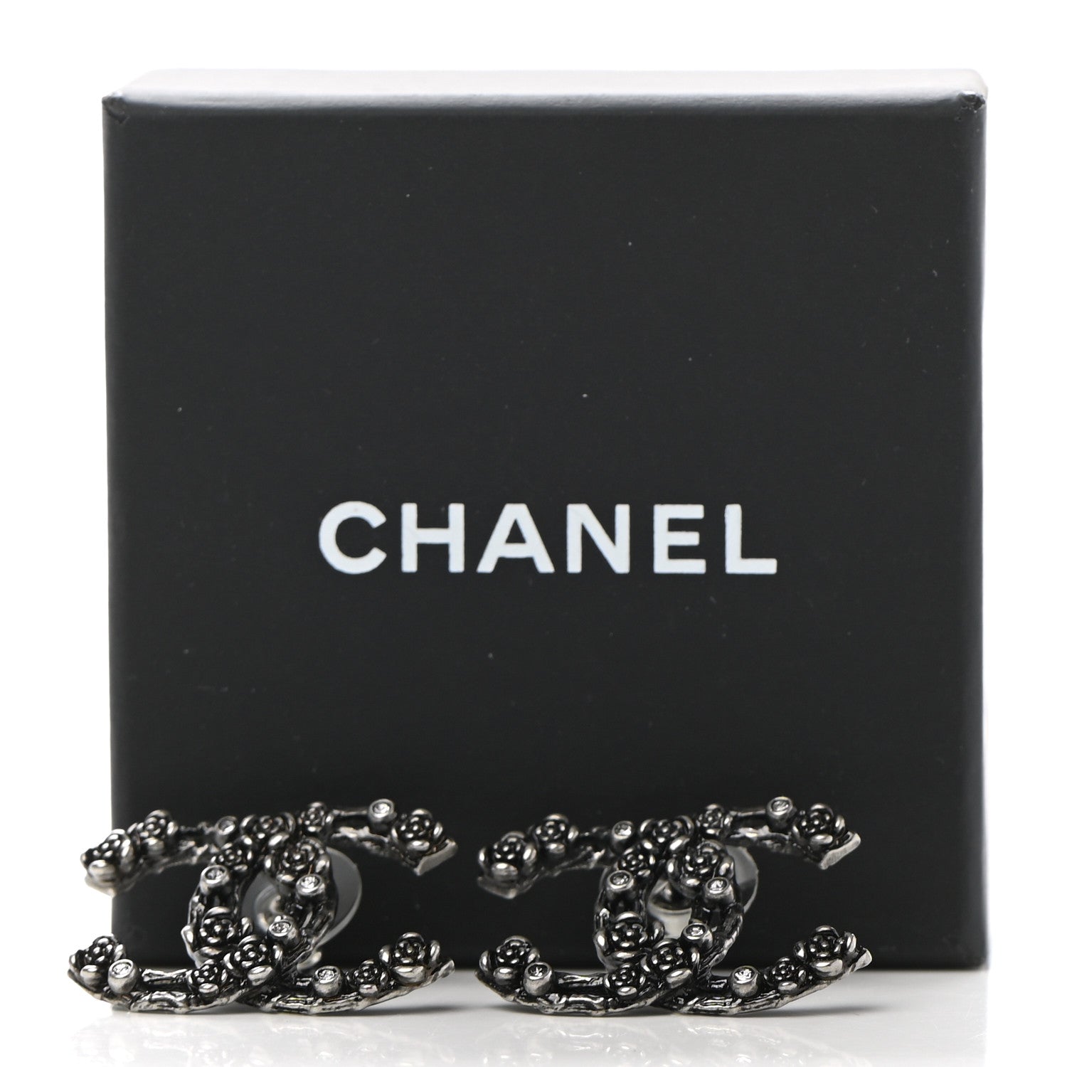 Chanel Crystal CC Camellia Earrings Ruthenium 5 of 5