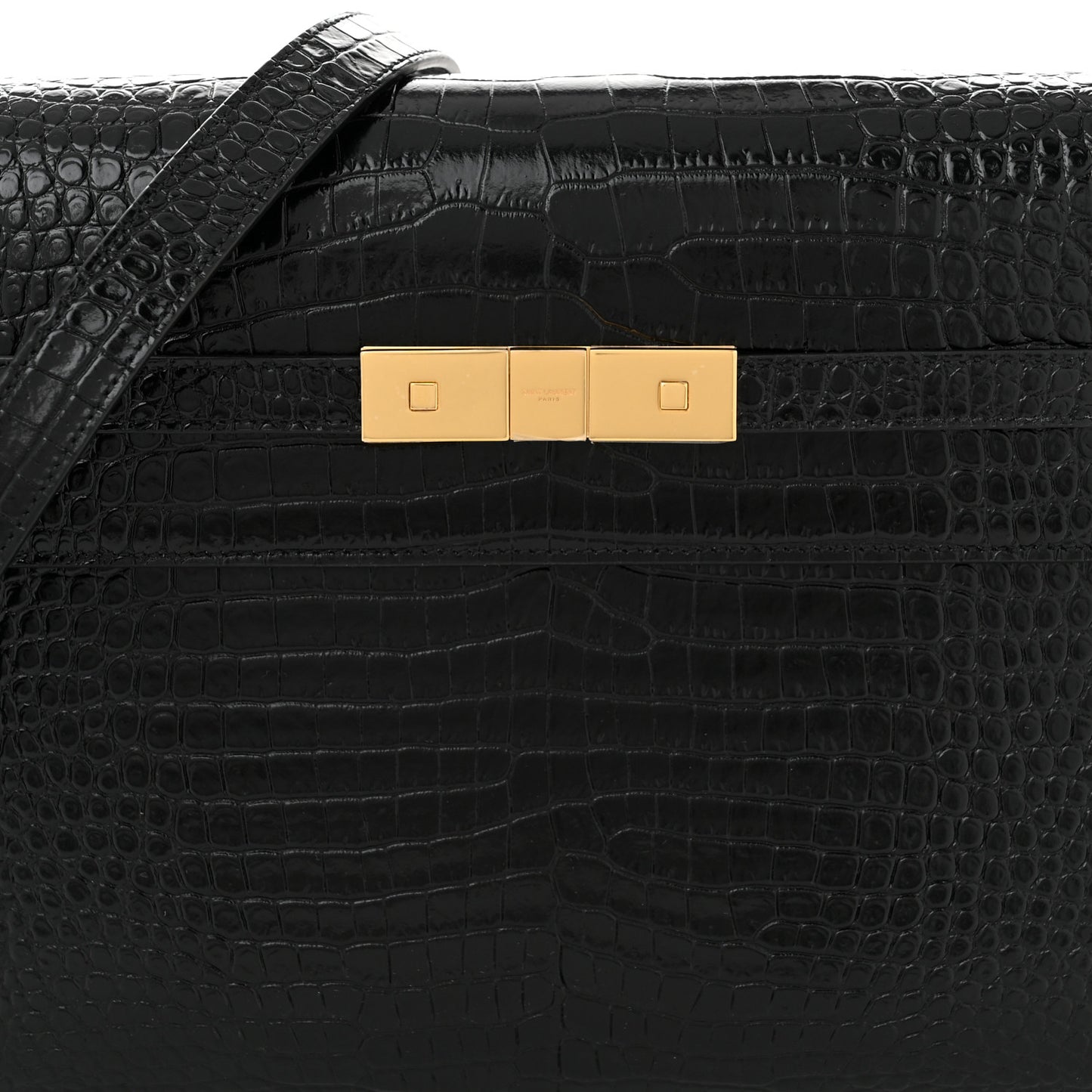 Shiny Calfskin Crocodile Embossed Manhattan Baguette Black
