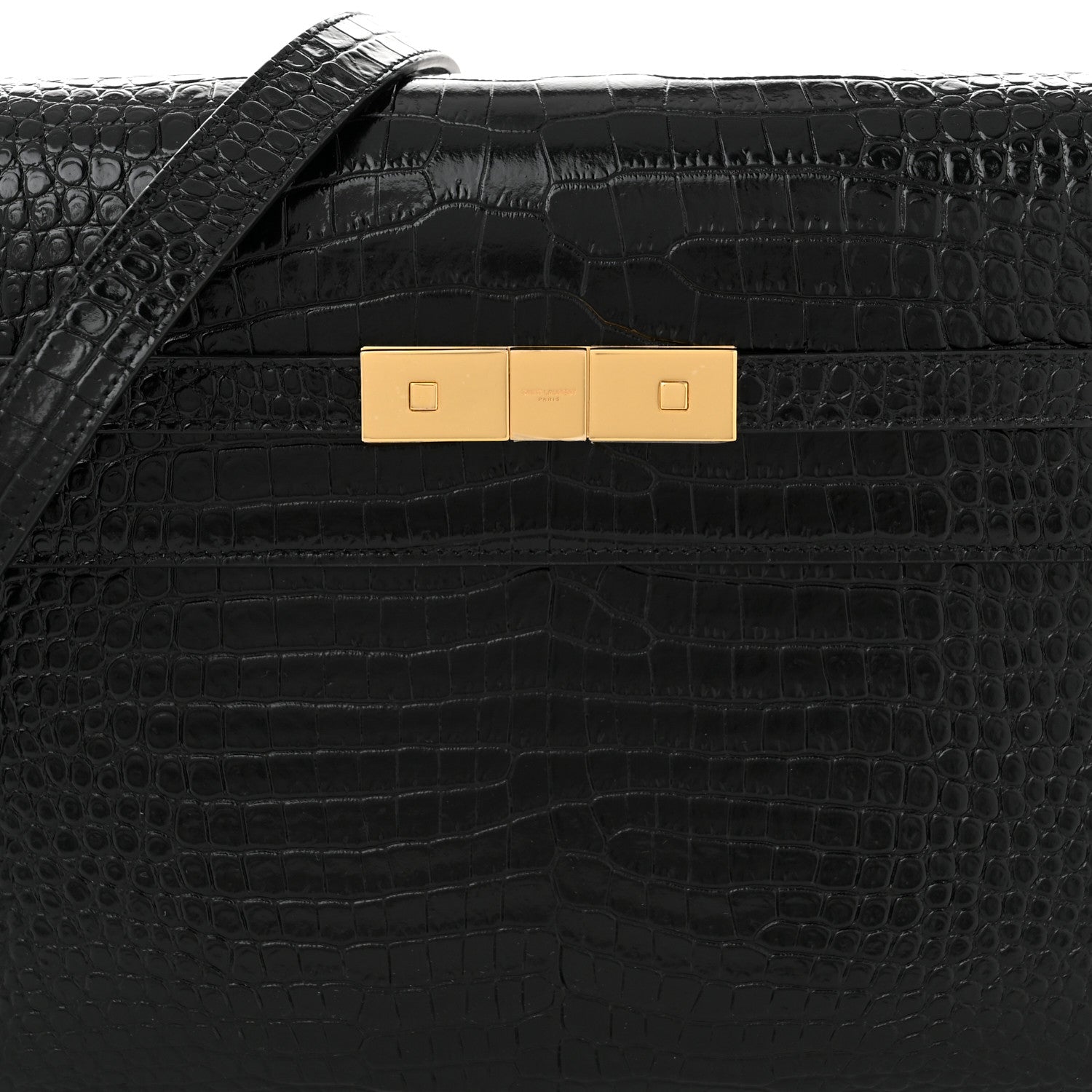 Saint Laurent Shiny Calfskin Crocodile Embossed Manhattan Baguette Black 8 of 10