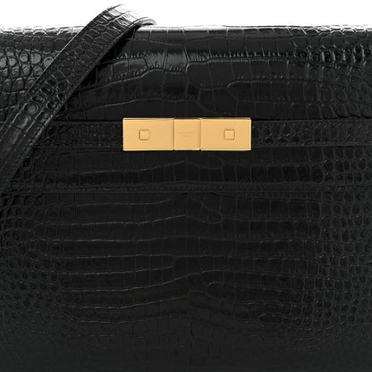 Saint Laurent Shiny Calfskin Crocodile Embossed Manhattan Baguette Black 8 of 10